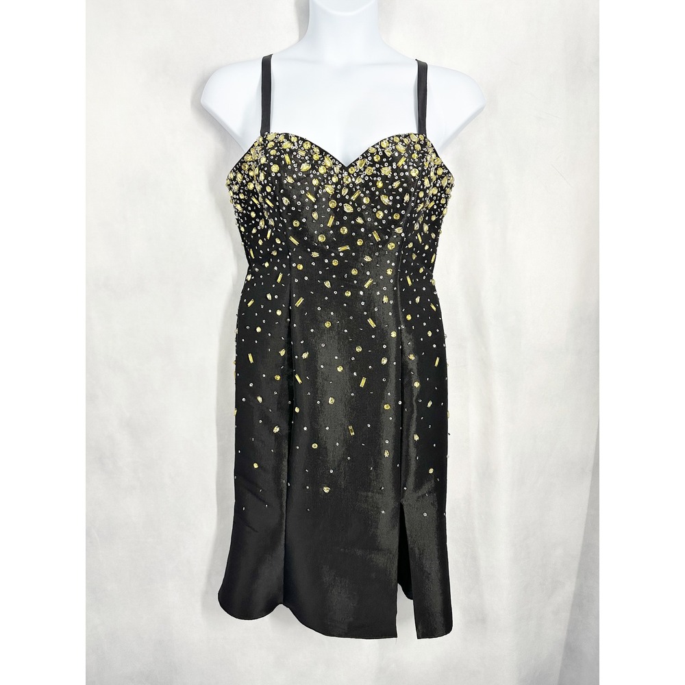 Beyond by Jovani Black Yellow Rhinestone Halter Dress Size 14 Vintage Formal